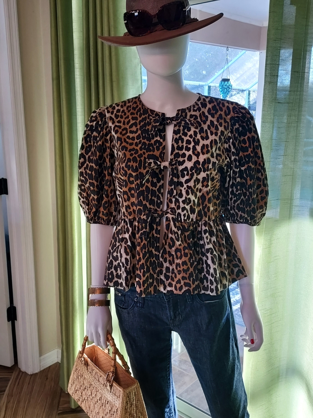 Leopard Print Peplum Tie-Front Blouse in Brown: Medium: NWT